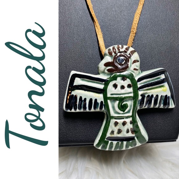 Tonala Mexico Jewelry - Vintage Signed Tonala Mexico Ceramic Thunderbird Pendant Necklace Folk Art